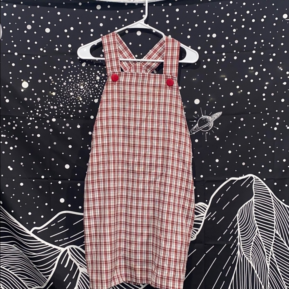 Red & Beige Plaid Overall Dress